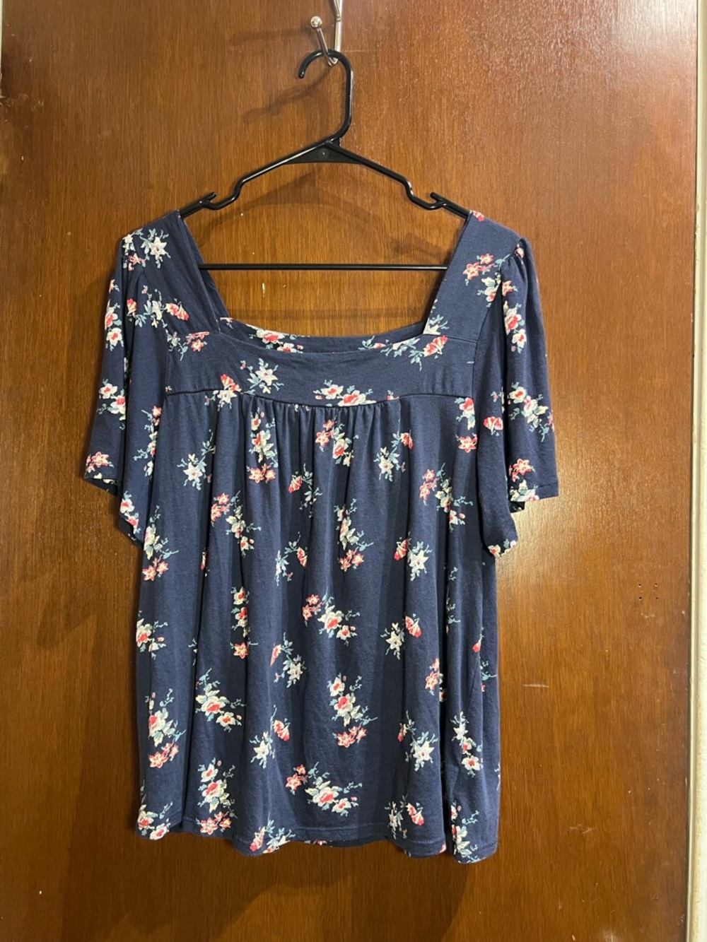 Lucky Brand Navy Blue Square Neck Flowy Spring Floral Boho Blouse Top Sz XL